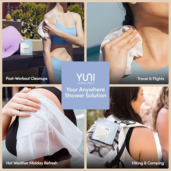 YUNI Beauty Large Body Wipes (Unscented, 12 Count) Super Soft Moist Showerless that Cleanse & Deodorize - On-the-Go Waterless Body Cleanser - Biodegradable Individually Wrapped Wipes for Travel