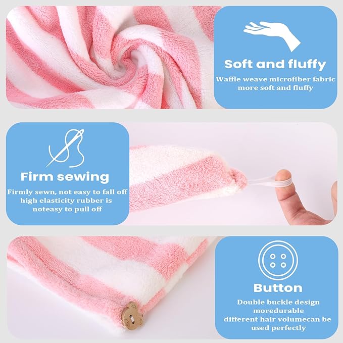 3 Pack Microfiber Hair Towel Wrap for Women, Fast Drying Hair Turban with Button, Anti-Frizz Large Hair Towel for All Hair Styles, Soft & Absorbent Hair Drying Towel