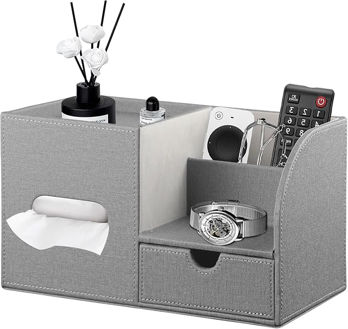 YAPISHI Tissue Box Cover with Storage Tray and Drawer, PU Leather Square Tissue Box Holder, Modern Cube Facial Tissue Dispenser, Makeup Holder, Remote Control Organizer for Nightstand, Bathroom Vanity