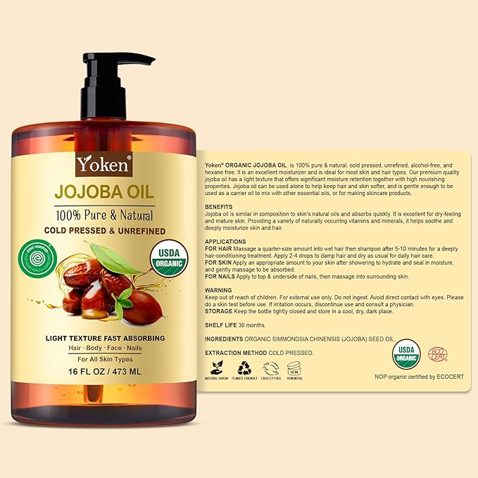 Pure Jojoba Oil Organic USDA Certified 16 fl oz, 100% Natural Jojoba Oil for Hair, Skin & Face, Cold Pressed Unrefined, Deeply Body Moisturizer Jojoba Carrier Oils for Essential oil Mixing