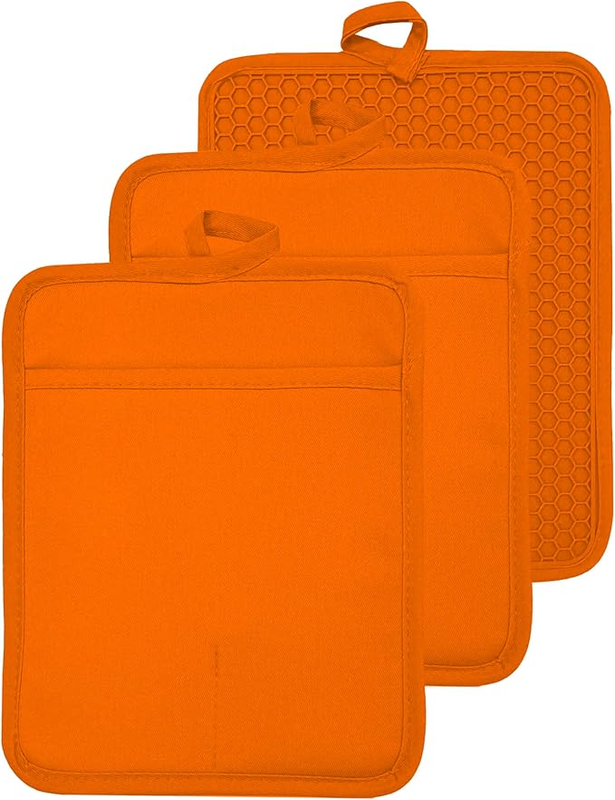 VEIKERY Oven Pot Holder with Pocket Cotton Heat Resistant Coaster Potholder Kitchen Hot Pad Oven Mitts for Cooking and Baking Square 7"x9" (Orange, Silicone)