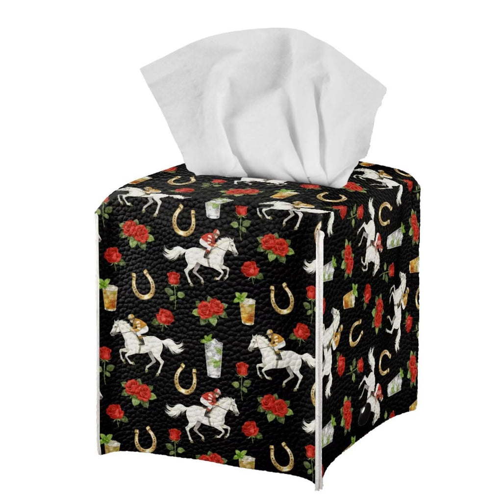 Pzuqiu Rose Racing Horse Decorative Tissue Box Cover, Waterproof PU Leather Square Holder with Metal Button, Protective Napkin Case for Bathroom Countertop, Office Desk, and Car Interior