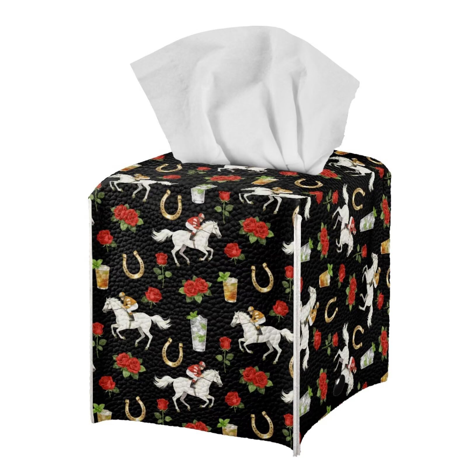 Pzuqiu Rose Racing Horse Decorative Tissue Box Cover, Waterproof PU Leather Square Holder with Metal Button, Protective Napkin Case for Bathroom Countertop, Office Desk, and Car Interior