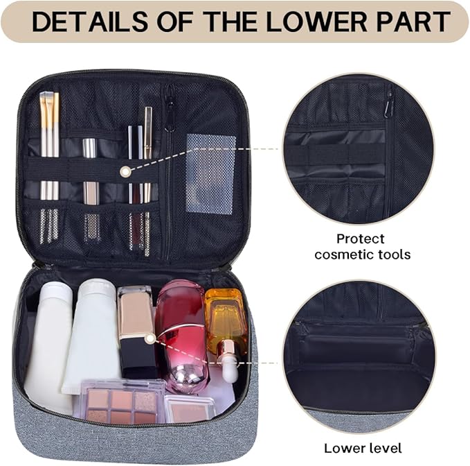 TANPADUAJI Double Layer Makeup Bag Portable Large Cosmetic Case Organizer with Adjustable Dividers Storage Travel Bag for Accessories Brushes Conditioner and Skin Care Products (Grey)