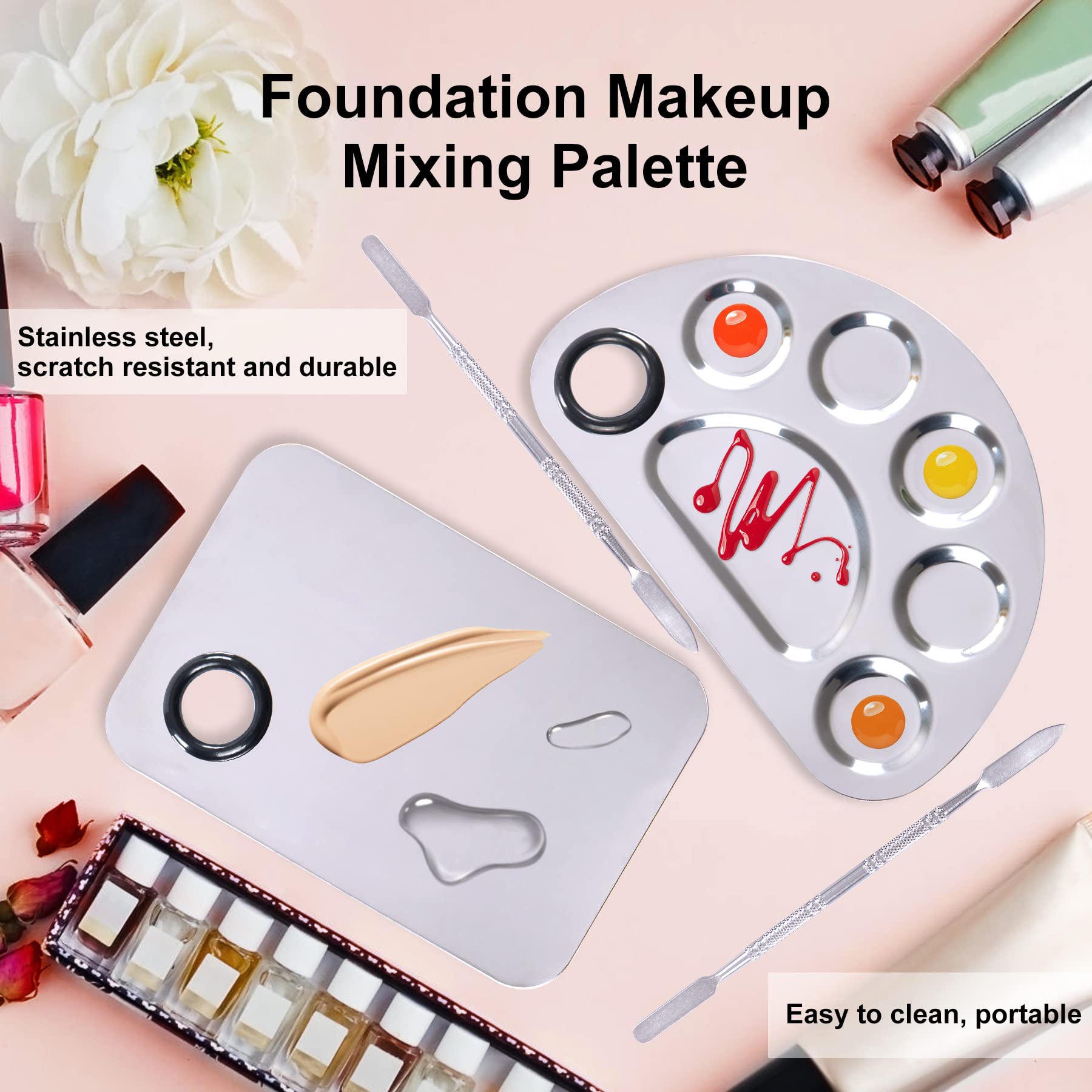 Stainless Steel Metal Makeup Palette with Spatula Artist Tool for Mixing Foundation Nail-Art, Cosmetic Makeup Palette, Makeup Plate, 6×4"/Silver/2pcs