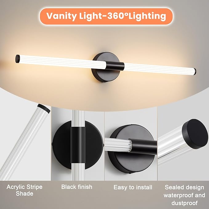 Bathroom Wall Sconces Set of 2 Hardwired Dimmable 5CCT LED Bathroom Light Fixtures Over Mirror 360° Full Lighting 31" Long Vanity Light Bar Modern Black Wall Sconce for Bath Bedroom Living Room