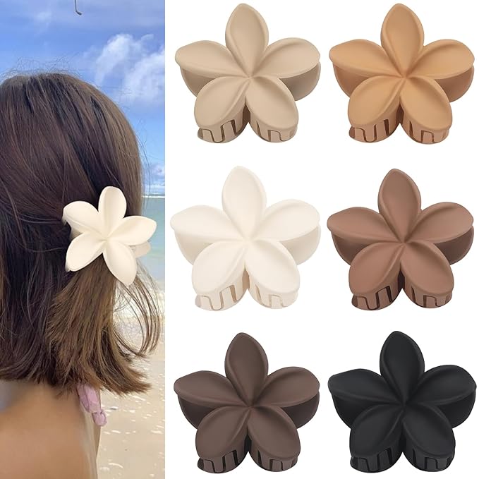 Sisiaipu Hawaiian Plumeria Flower Claw Hair Clips - 6 Pcs Large for Thick Hair and Thin for Beach, Hair Accessories for Women and Girls - Khaki