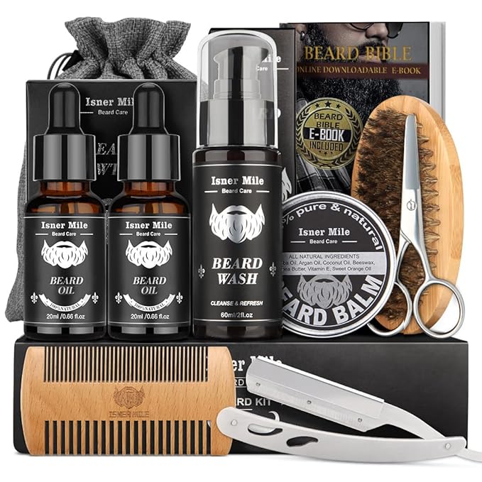 Isner Mile Fathers Gifts for Husband: Beard Grooming Kit for Men Care with Beard Oil Balm Wash Brush Comb & Straight Razor, Christmas Stocking Stuffers Valentines Birthday Gifts for Men Him Boyfriend