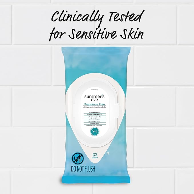 Summer's Eve Fragrance-Free Feminine Wipes, Gentle pH-Balanced Micellar Water Based Formula Helps Control Vaginal Odor, Resealable Pack, 32 Wipes