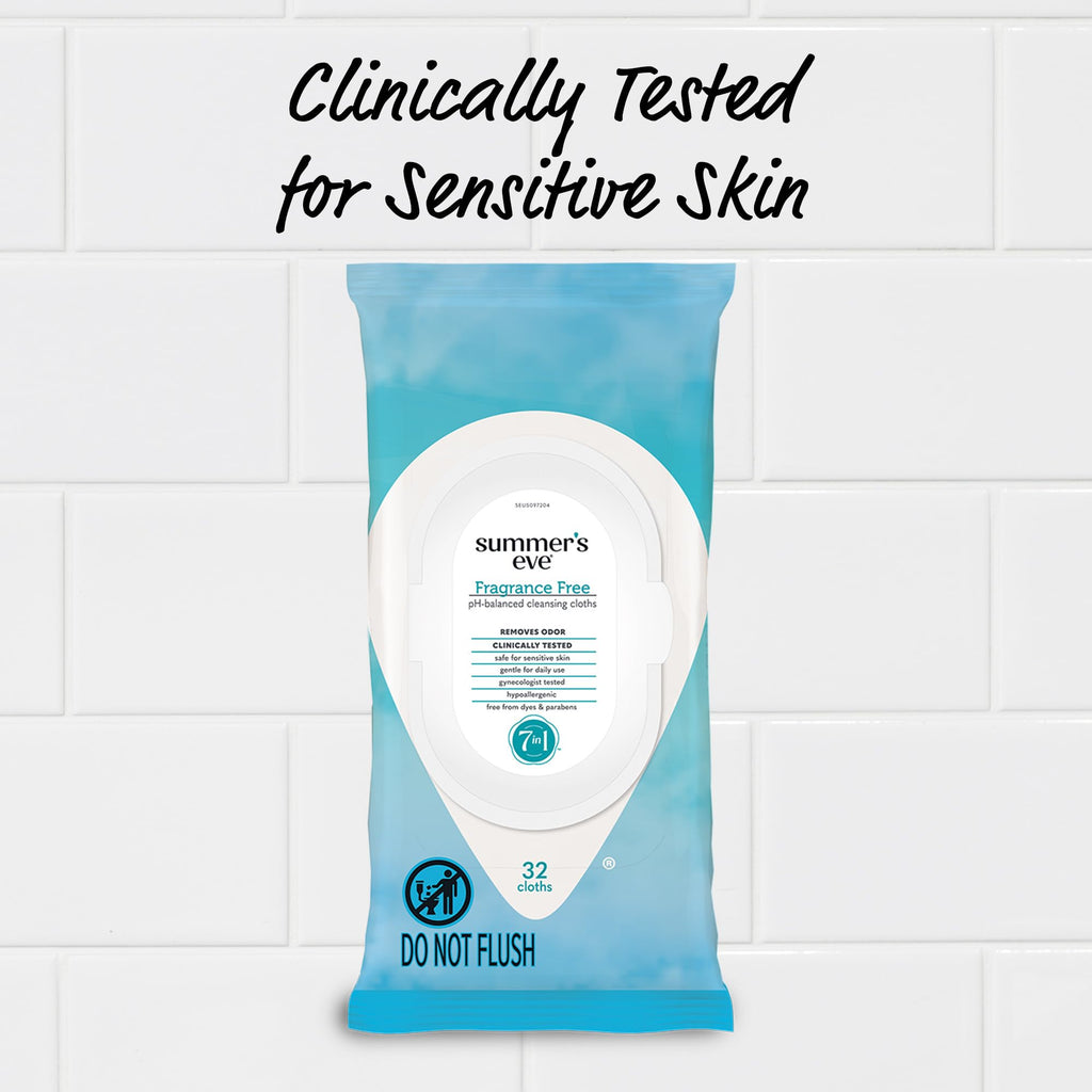 Summer's Eve Fragrance-Free Feminine Wipes, Gentle pH-Balanced Micellar Water Based Formula Helps Control Vaginal Odor, Resealable Pack, 32 Wipes