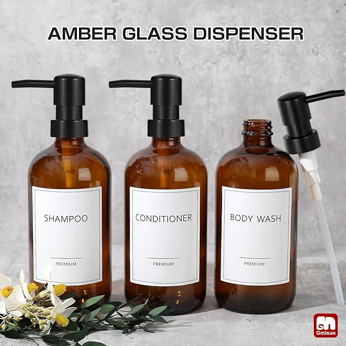 GMISUN Glass Shampoo and Conditioner Dispenser, Shower Soap Dispenser Bottles with Labels, Refillable Shampoo Conditioner Body Wash Dispensers, Amber Glass Soap Pump Dispenser Set for Bathroom Shower