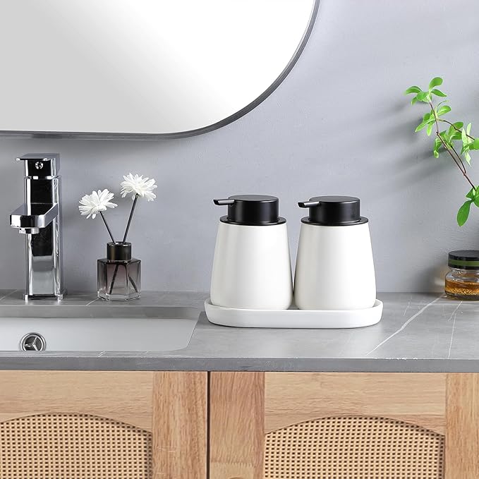 12Oz Hand Soap Dispenser Set - 2 Pack Ceramic Foam Soap Dispenser Set with Easy-to-Press Black Pump, Refillable Mordern Foaming Dish Soap Dispensers for Bathroom & Kitchen (White, Foam Pump)
