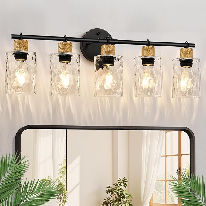 Bathroom Light Fixtures, 5-Light Coastal Vanity Lights with Crystal Glass Shade, Black Bathroom Wall Lamp for Mirror Kitchen Hallway Cabinet