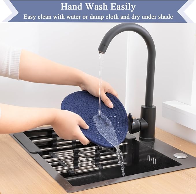 SHACOS 8 Inches Trivets for Hot Dishes, 4 Pieces Cotton Trivets Mats for Kitchen, Heat-Resistant Pot Holders for Countertops and Table, Hot Pads for Hot Pots and Pans, Navy Blue