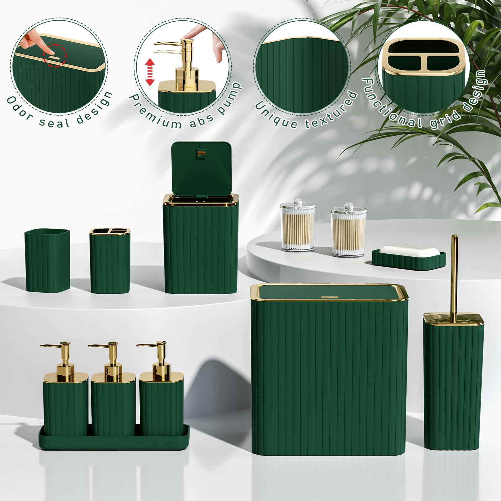 InnJoey Bathroom Sets with Shower Curtain and Rugs - Elegant Bathroom Set, 27PC Bathroom Accessories Set, Green Bathroom Set, Mini Trash Can, Toilet Brush, Trash Can & Soap Dispenser