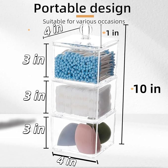 UShioart Stackable Square Acrylic Cotton Ball Holder Q-tip Holder Bathroom Swab Dispenser (3-Pack)
