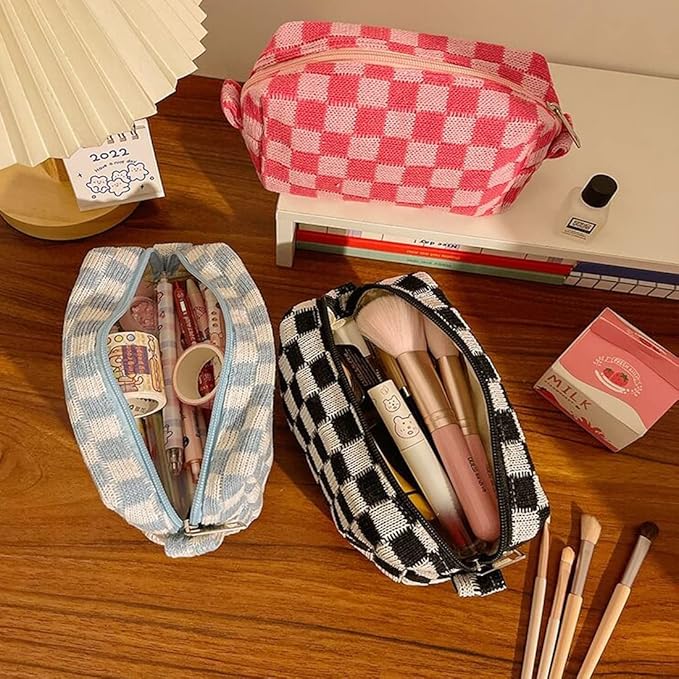 SxoSyo 2 Pcs Checkered Cosmetic Bags, Green & Pink