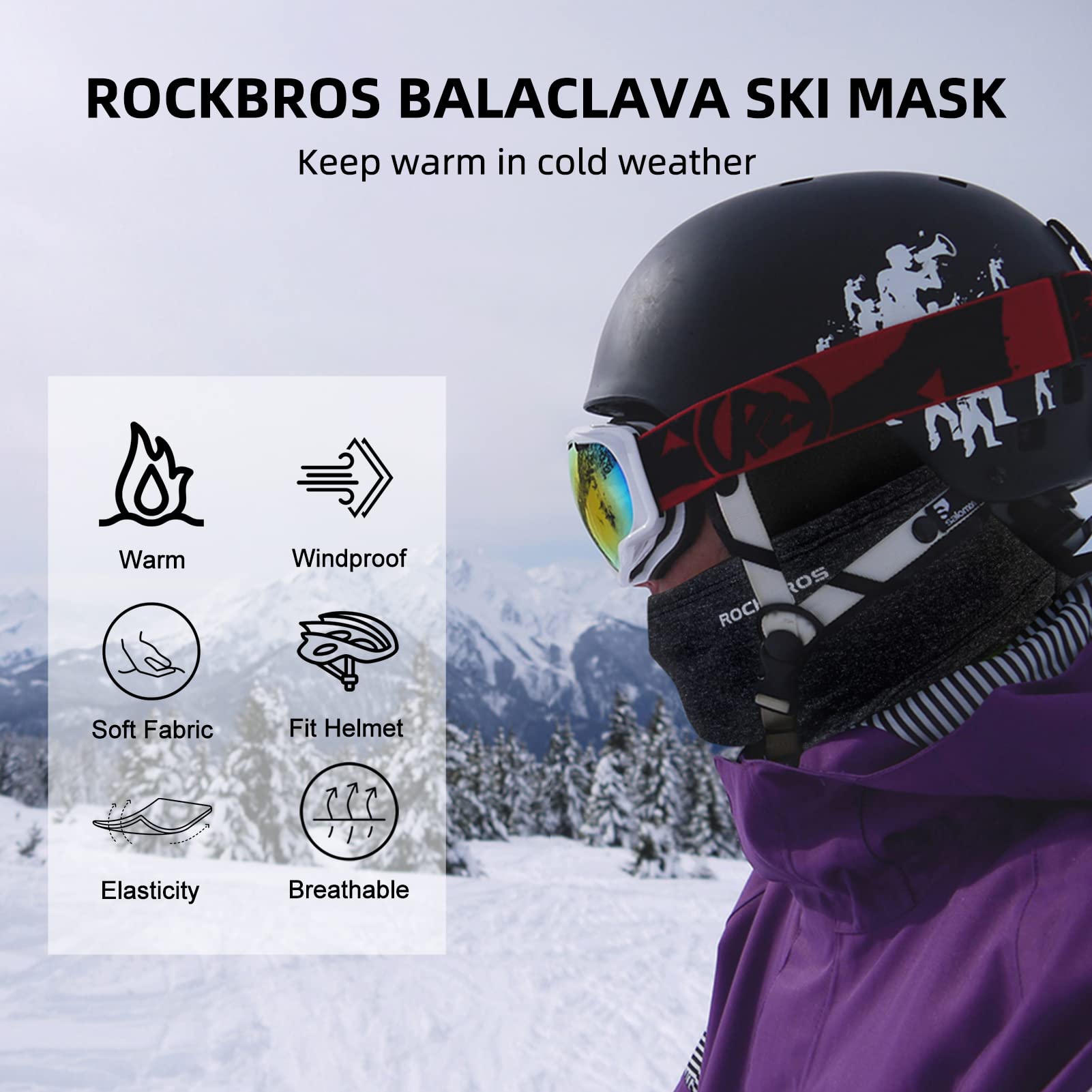 ROCKBROS Cold Weather Balaclava Ski Mask for Men Windproof Thermal Winter Scarf Mask Women Neck Warmer Hood for Cycling Black Grey