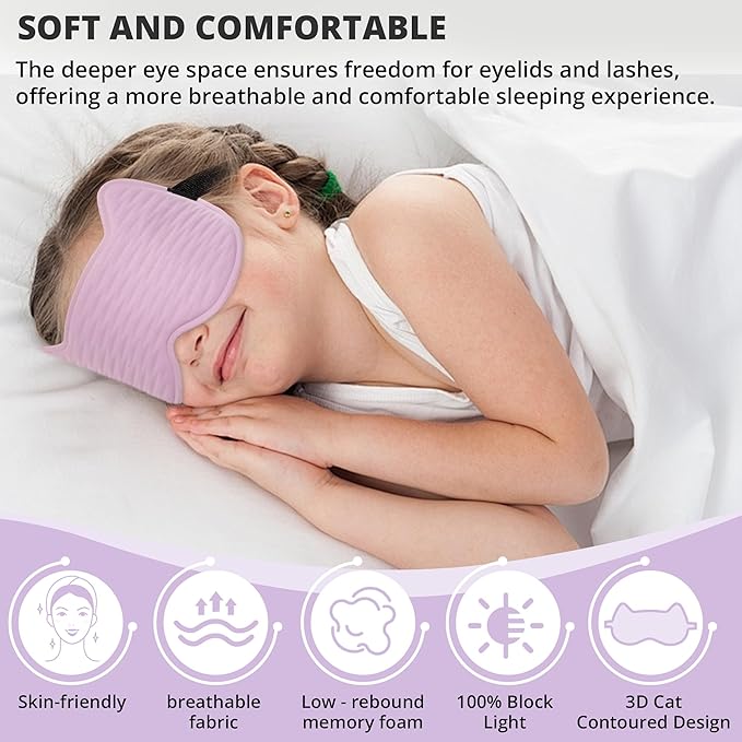 Kids Sleep Mask for Sleeping – Soft 3D Contoured Eye Mask for Kids, Comfortable No-Pressure Eye Cover with Memory Foam for Travel, Naps & Airplane, Boys & Girls (Purple)