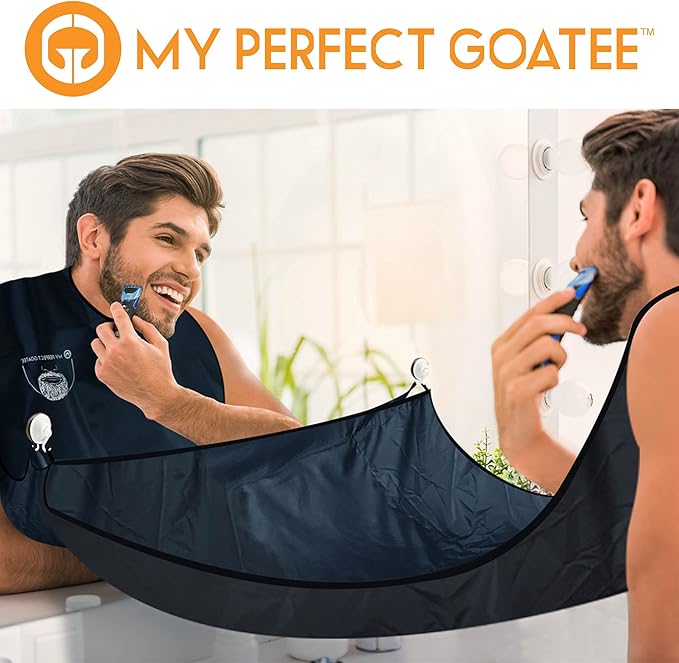 My Perfect Goatee Beard Bib Apron for Men - Superior Lock-Down Suction Cups - Hair Clippings Catcher - Waterproof Cape with Storage Pouch - Adjustable Neck Strap