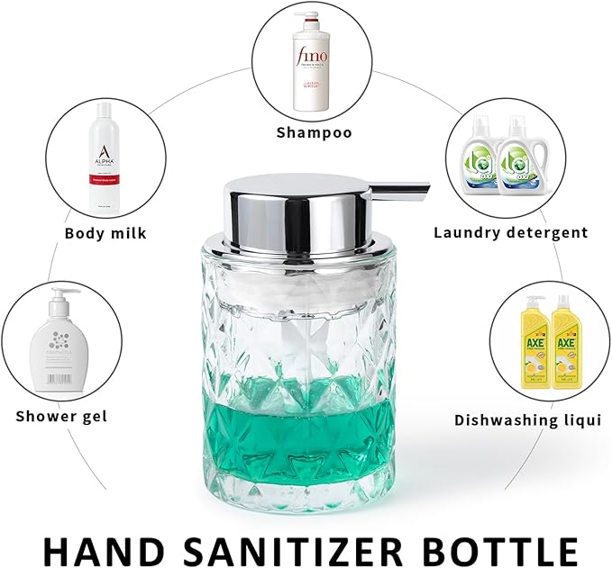 Bathroom Glass Soap Dispenser with Durable Rust-Proof Plastic Liquid Pump Hand Lotion Dispenser Antislip Shampoo Kitchen 10oz 2 Pack