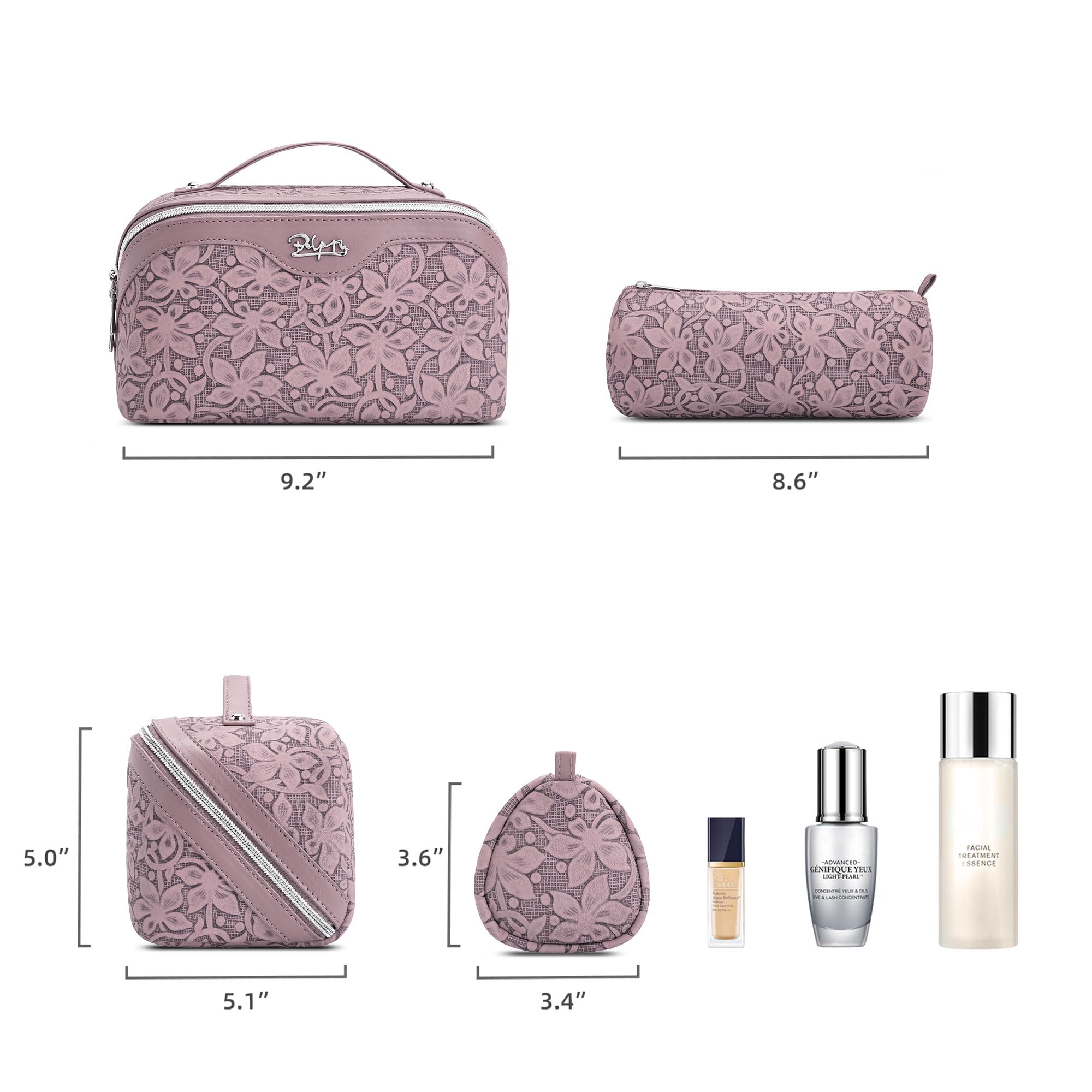 BOYATU Travel Makeup Bag Cosmetic Bags for Women: Large Capacity 3 Pcs Set Make up Bag with Compartments - Waterproof Vegan Leather Toiletry Organizer Bags with Handle (Z-64Purple)