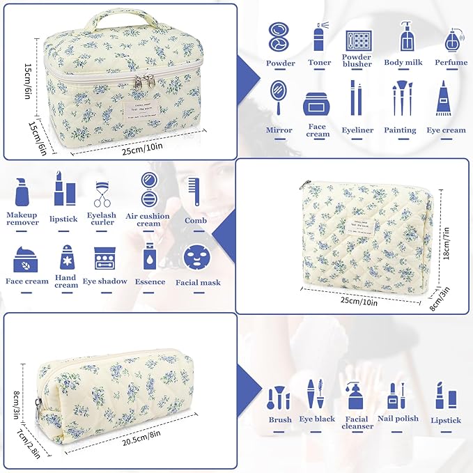 Gosect Makeup Bag Set, Quilted Makeup Bag, Large Floral Cosmetic Bag for Women, Cute Cotton Makeup Bags, Flower Travel Toiletry Organizer Bag (Blue Floer)