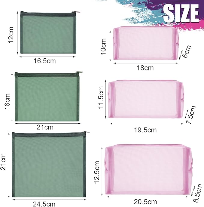 Boao 6 Pieces Mesh Makeup Bags Mesh Cosmetic Bag Portable Travel Organizing Zipper Pouch Toiletries Makeup Pouches for Home Office Travel Accessories (Green and Pink)