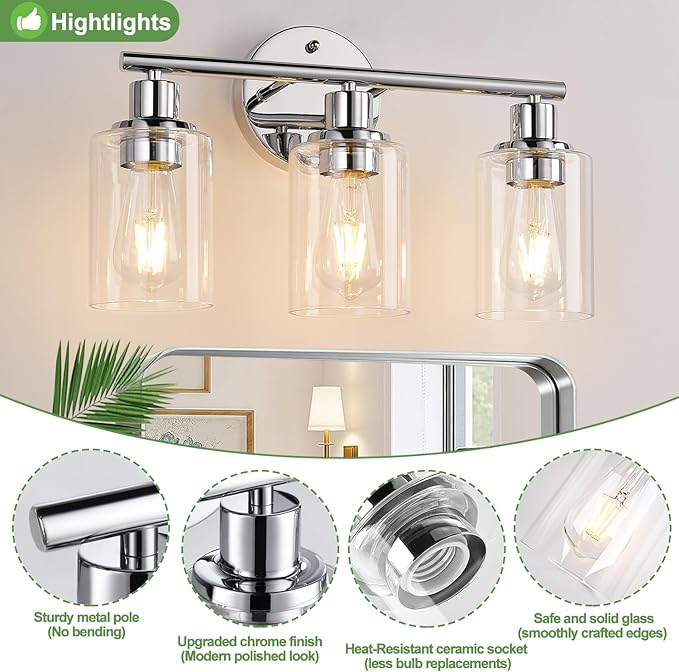 Zarbitta 3-Light Bathroom Light Fixtures, Chrome Bathroom Wall Light with Clear Glass Shade, Bathroom Wall Lamp for Mirror Kitchen Living Room Hallway Cabinet