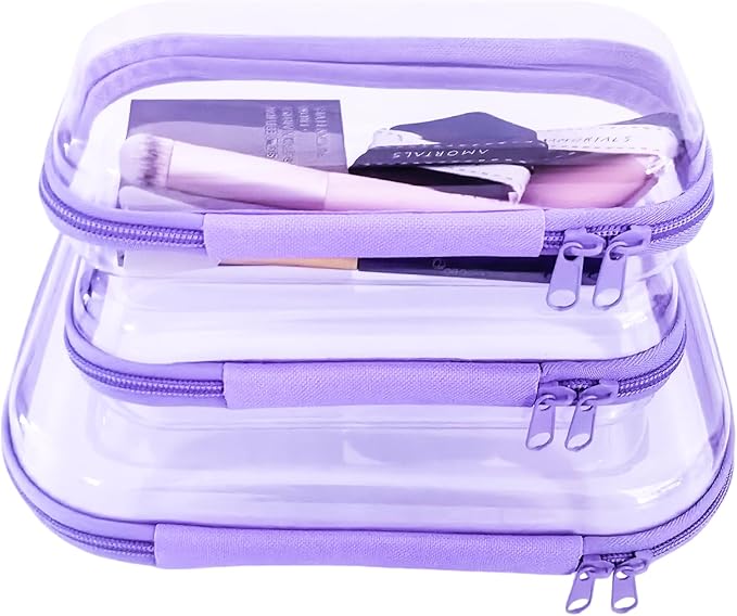 YOQIVEXU 3 Pcs Clear Hard Zipper Case, Hard Shell Plastic Clear Organizer Bag, Transparent Makeup Pouches, Portable Box for Travel Toiletries Storage Bins (Purple)