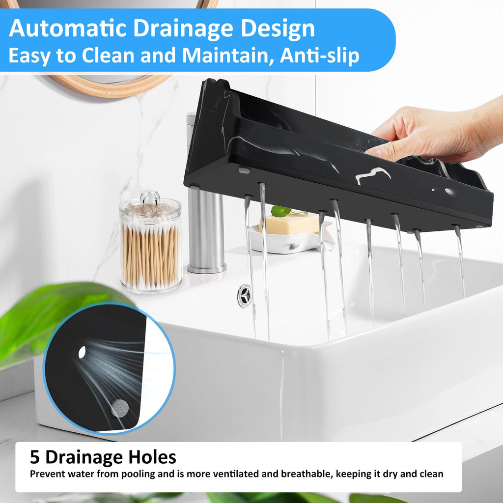 Marble Bathroom Countertop Organizer, Black Toothbrush Holders for Bathrooms Counter Organizer with 3PCS Qtip Dispenser, Toothbrush and Toothpaste Holder for Bathroom Organization Vanity Storage