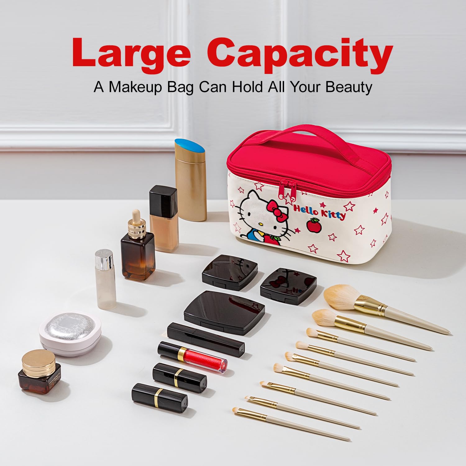AmBealla Cosmetic Bag Large Makeup Travel Case with Brush Holder,Waterproof Makeup Bag Organizer with Hanging Hook,Travel Toiletry Bag for Women,Sweet&Stylish for Girls,Red Apple