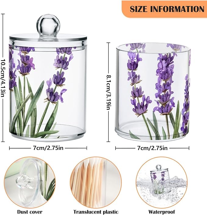 2 Pack Qtip Holder Dispenser for Cotton Ball Purple Lavender Watercolor Flower Cotton Swab Round Pads Clear Plastic Acrylic Jar Set Bathroom Canister