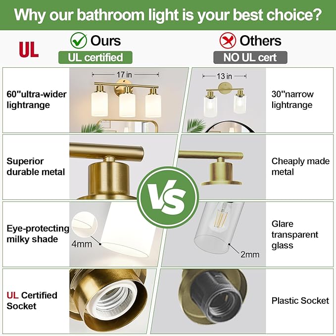 Zarbitta 3-Light Bathroom Light Fixtures, Brushed Gold Vanity Light, Farmhouse Wall Lights with Milky White Frosted Glass Shades, Bathroom Wall Lamp for Mirror Kitchen Bedroom Hallway Living Room