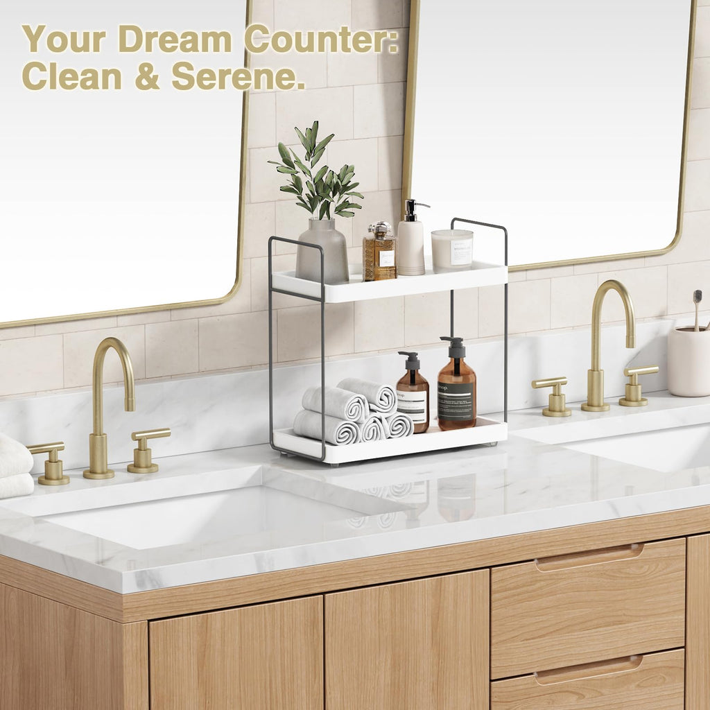 Forbena White Bathroom Organizer Countertop, Kitchen Counter Shelf Organizer for Coffee Bar Station, Makeup Vanity Organizers and Storage, Tiered Sink Tray for Perfurm Skincare (White and Grey)