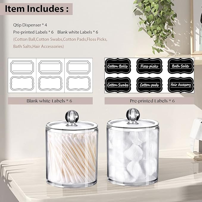 SheeChung Qtip Holder, Acrylic Cotton Round Holder with Chalkboard Labels - Shatterproof Apothecary Jars for Bathroom - Vanity Storage Canisters for Cotton Swabs,Balls,Floss Picks（4-Pack Clear）