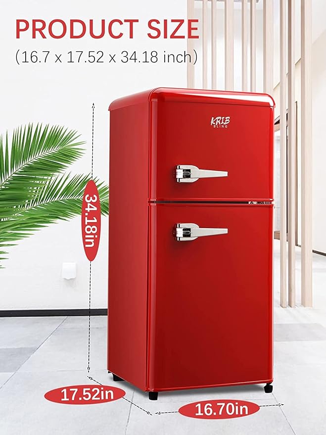 KRIB BLING Mini Fridge With Freezer,Refrigerator With 2 Doors,7- Level Adjustable Thermostat, Removable Glass Shelves For Bedroom, Office, Kitchen, Apartment, Dorm, 3.5 Cu. Ft Red