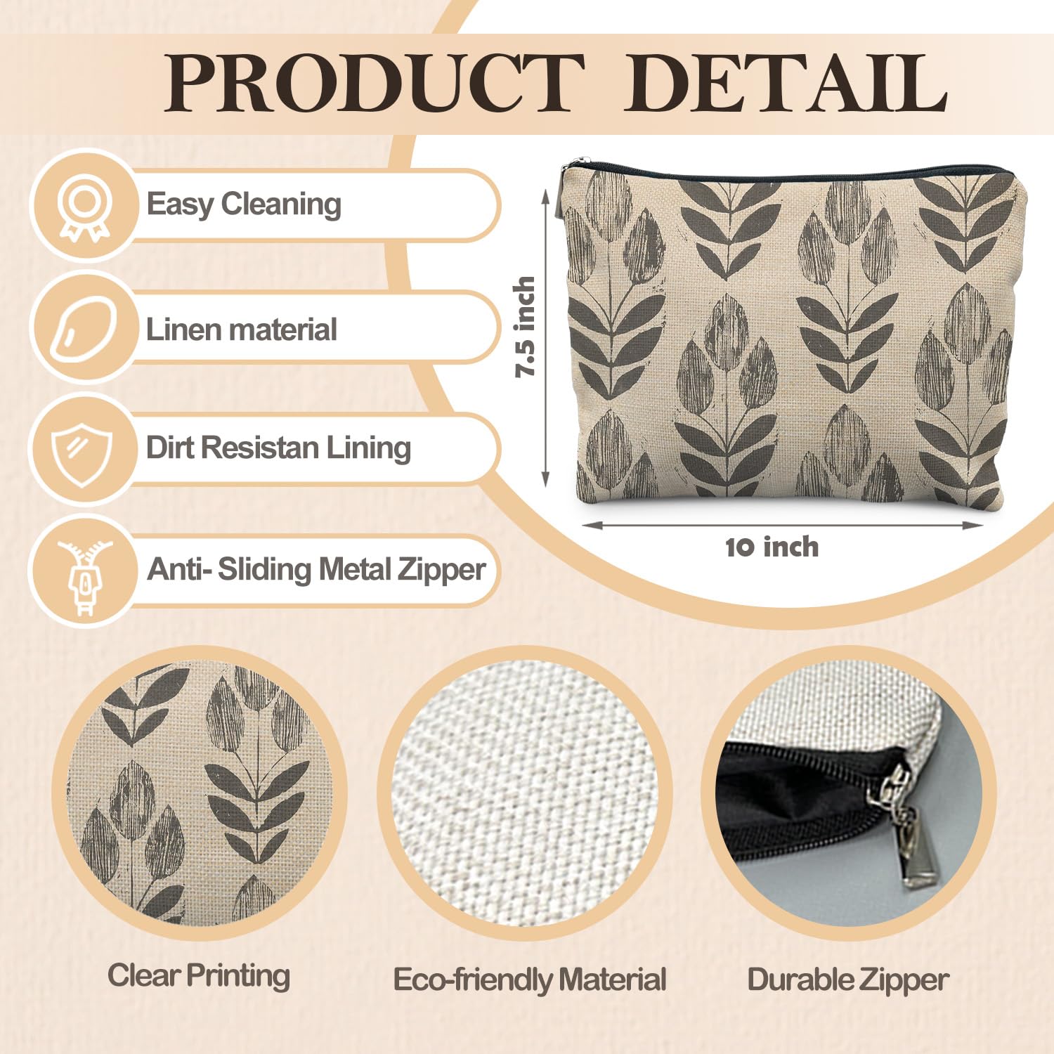 RYYCDOI Vintage Boho Beige Floral Makeup Bag, Modern Farmhouse Green Tulip Flower Cosmetic Bags for Women, Contemporary Leaf Botanical Zipper Makeup Pouch