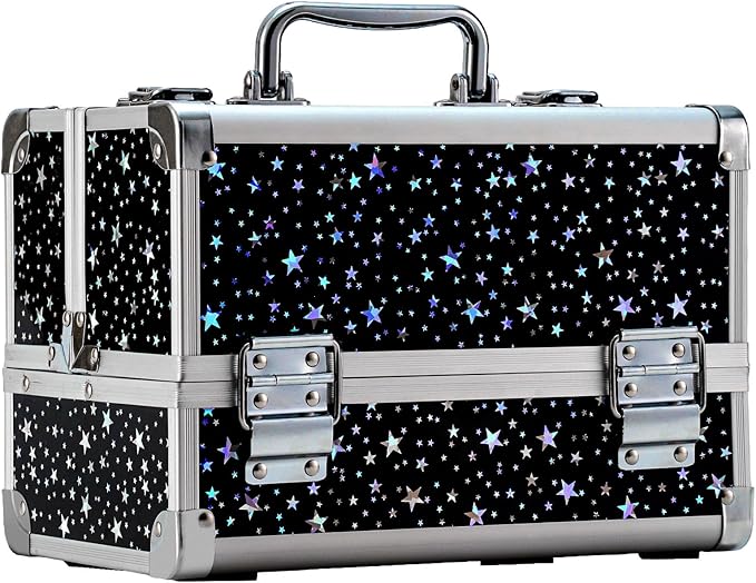 Leeora&Leekoo Makeup Train Case Cosmetic Box Portable Makeup Case Organizer 2 Trays Makeup Storage for Cosmetologist Aesthetic Supplies Nail Tech Traveling Makeup Box (Flashing Star)