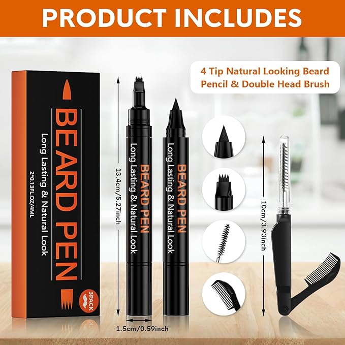 3-Pack Beard Pen Filler for Men, Waterproof & Sweat Proof Long-Lasting Beard Pen Kit with 2 Fillers & 1 Double-Headed Brush – Effectively Enhances Facial Hair (Brown)