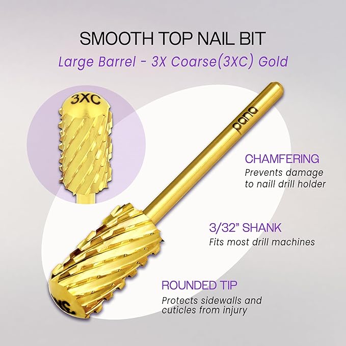 PANA 3/32" Large Smooth Round Top Safety Carbide Nail Drill Bit for Gel Polish & Acrylic Removal Nail Salon Manicure Pedicure Electric File Tools (Large Barrel - Gold, 3X Coarse)