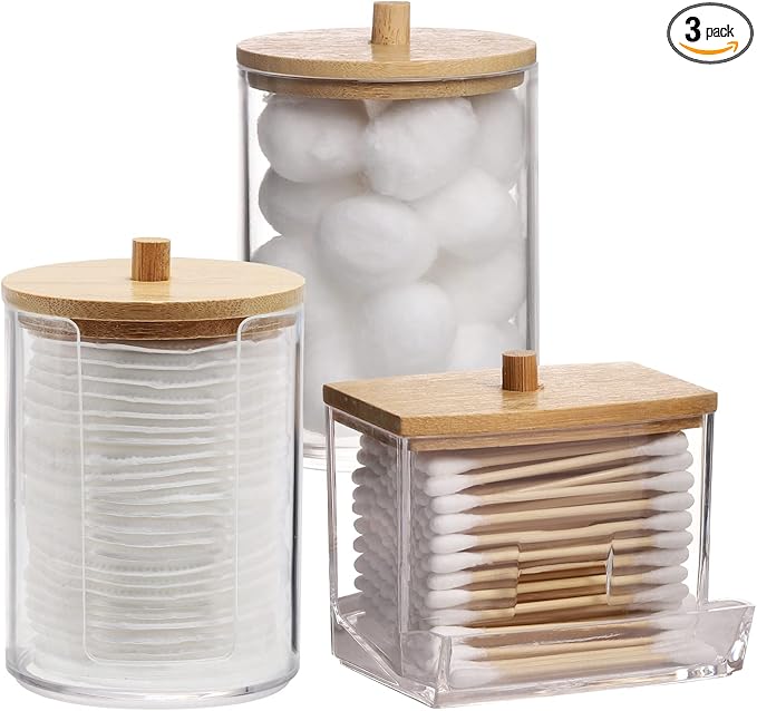 Tbestmax Qtips Dispenser Bathroom Container, Apothecary Jar Organizer for Storage Cotton Swab, Floss Picks (Bamboo Lids)