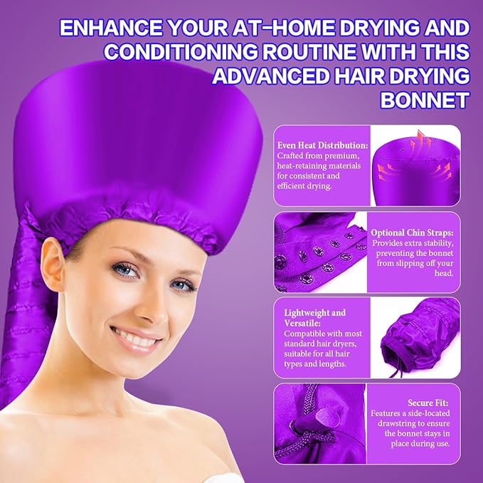 Hooded Hair Dryer Bonnet - Fast Drying for Natural Hair, Deep Conditioning & Curls - Adjustable, Even Heat, Portable Travel (Purple)