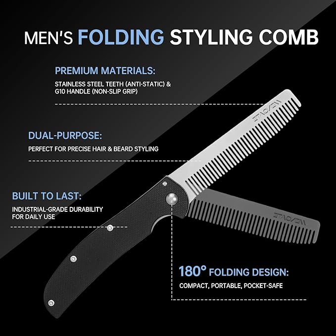 Folding Pocket Comb for Men, Stainless Steel Travel Grooming Tool
