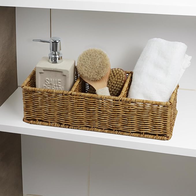 Waterproof Wicker Bathroom Basket with 3 Compartments, Light Brown