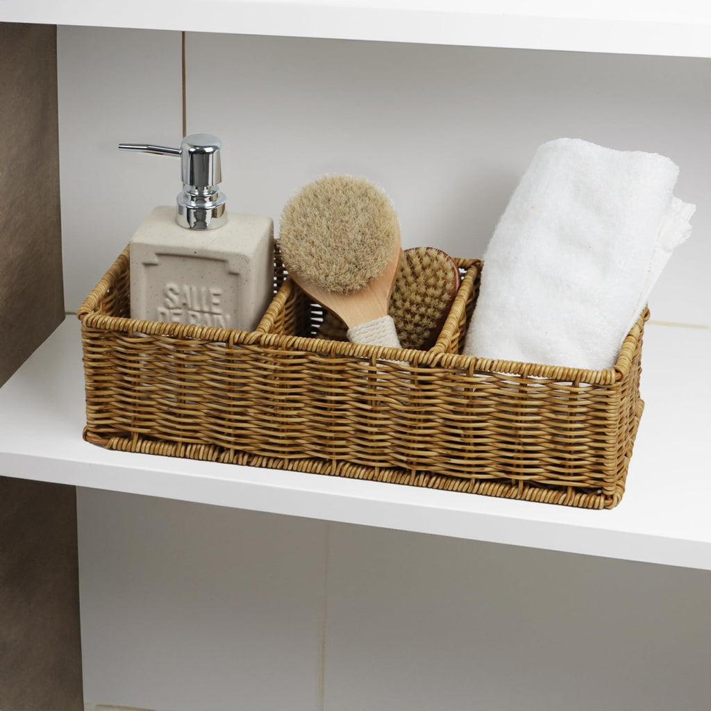 Waterproof Wicker Bathroom Basket with 3 Compartments, Light Brown