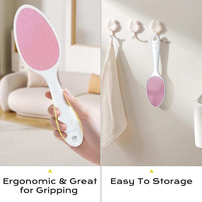 Foot File, Nano Glass Foot File Callus Remover with Handle, 2-in-1 Foot Scrubber Dead Skin Remover, Gentle Exfoliation Foot Buffer Pedicure Tools for Feet-Pink