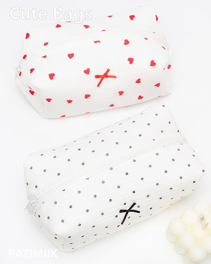 PAZIMIIK Cozy Makeup Bag for Women,Zipper Cosmetic Pouch,Gauze Polka Dot