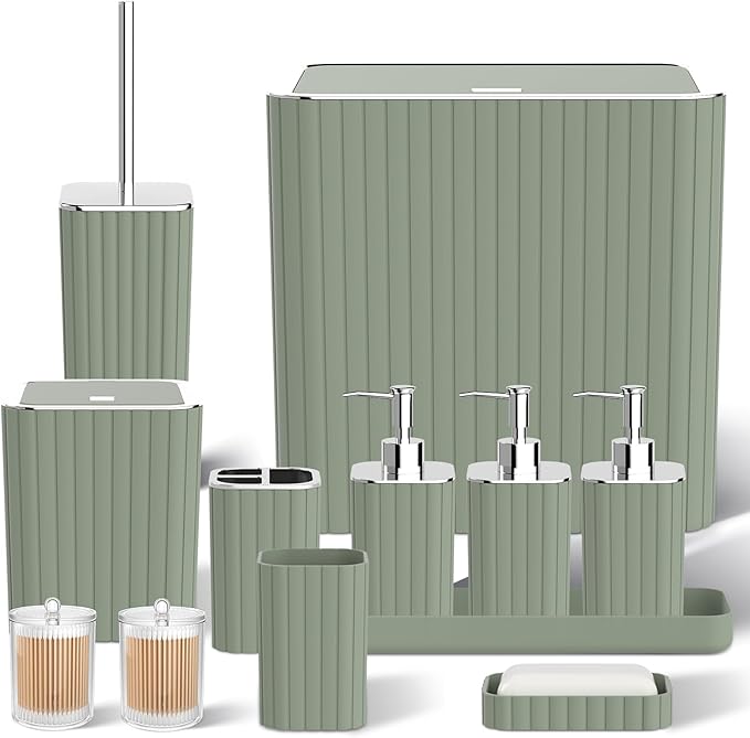 InnJoey Bathroom Accessory Set - Sage Green Bathroom Set, 12PC Bathroom Accessories Set, Mini Trash Can, Toilet Brush, Trash Can & Soap Dispenser