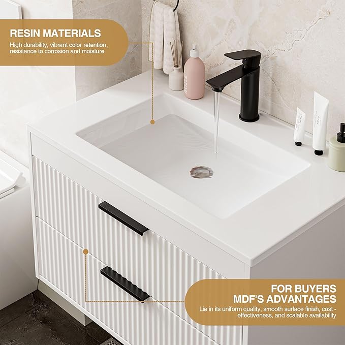 30 Inches Modern MDF Bathroom Vanity with Sink, Wall Mounted Floating Cabinets w/Double Drawers, Black Handles, White Resin Sink Combo Set (White, 30")